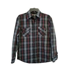 AirWalk Boys Sz 14-16 Black Red Plaid Long Sleeve Button Down Shirt
